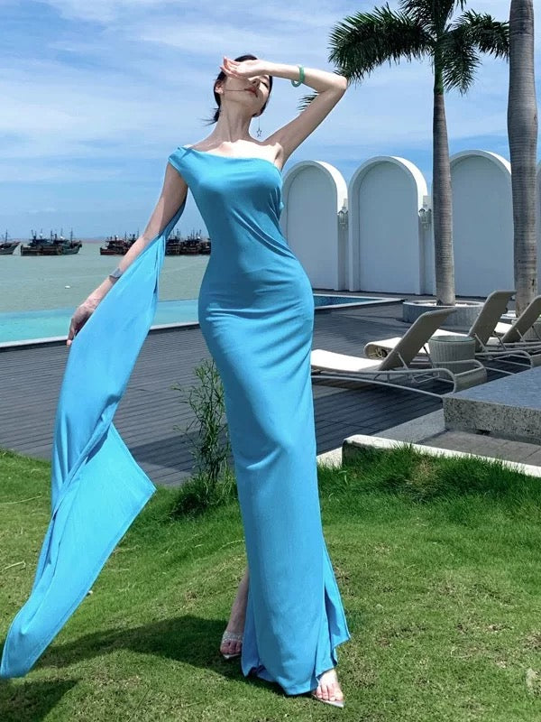 Sexy Mermaid One Shoulder Blue Chiffon Cruise Ship Formal Night Evening Dresses 18th Birthday Outfit RB5732
