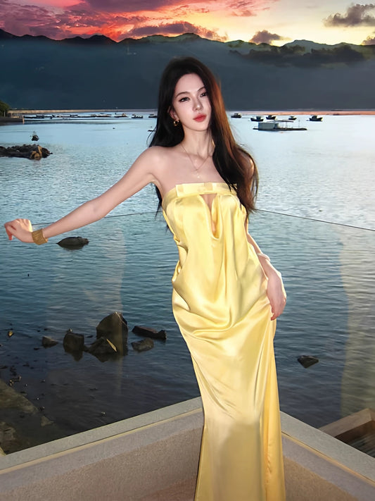 Sexy Mermaid Strapless Yellow Satin Long Cruise Ship Formal Night Evening Dresses 18th Birthday Outfit RB5733