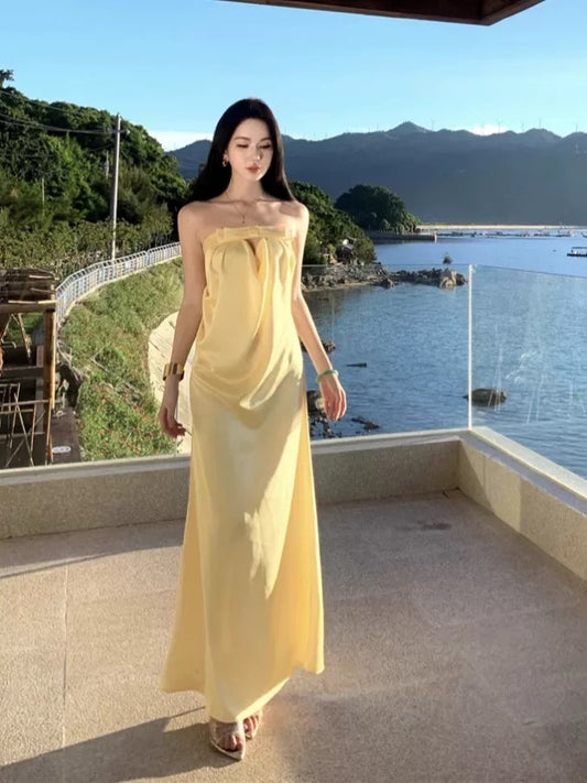 Sexy Mermaid Strapless Yellow Satin Long Cruise Ship Formal Night Evening Dresses 18th Birthday Outfit RB5733