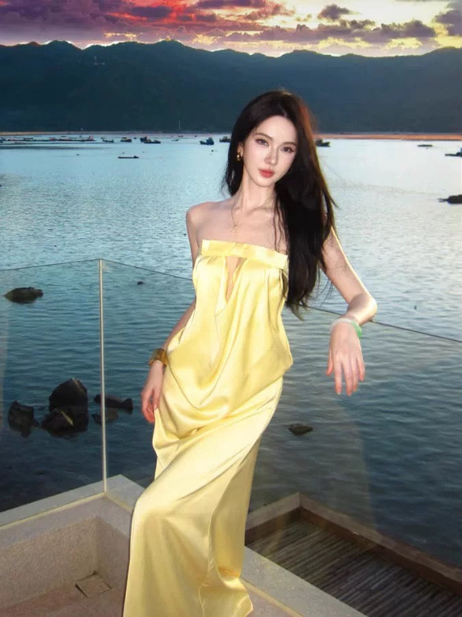 Sexy Mermaid Strapless Yellow Satin Long Cruise Ship Formal Night Evening Dresses 18th Birthday Outfit RB5733
