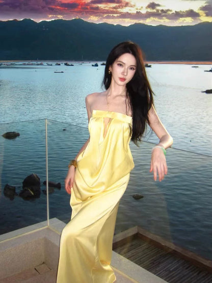 Sexy Mermaid Strapless Yellow Satin Long Cruise Ship Formal Night Evening Dresses 18th Birthday Outfit RB5733