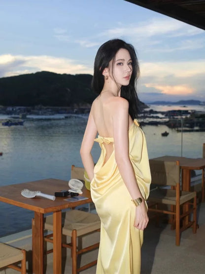 Sexy Mermaid Strapless Yellow Satin Long Cruise Ship Formal Night Evening Dresses 18th Birthday Outfit RB5733