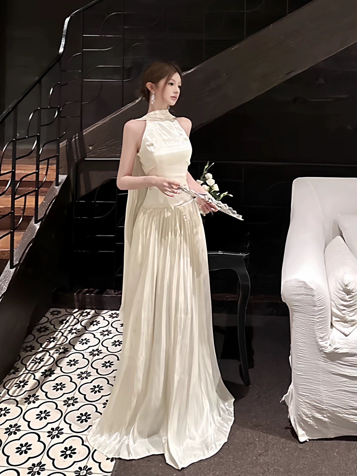 Ethereal Women's A Line High Neck White Black Maxi Dress Date Night Outfits Outdoor Semi Formal Wedding Guest Dresses RB5116