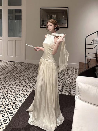Ethereal Women's A Line High Neck White Black Maxi Dress Date Night Outfits Outdoor Semi Formal Wedding Guest Dresses RB5116