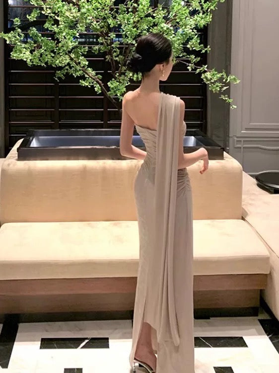 Modest Mermaid One Shoulder Champagne With Ruffled Date Floor Length Night Evening Outfit Formal Prom Dresses RB5665