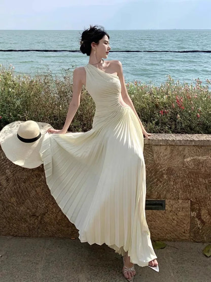 Modest A line One Shoulder Ivory With Ruffled Date Floor Length Night Evening Outfit Formal Prom Dresses RB5666