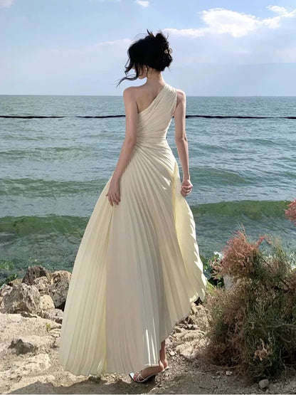 Modest A line One Shoulder Ivory With Ruffled Date Floor Length Night Evening Outfit Formal Prom Dresses RB5666