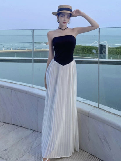 Glamorous A line Strapless White Black With Ruffled Date Floor Length Night Evening Outfit Formal Prom Dresses RB5667