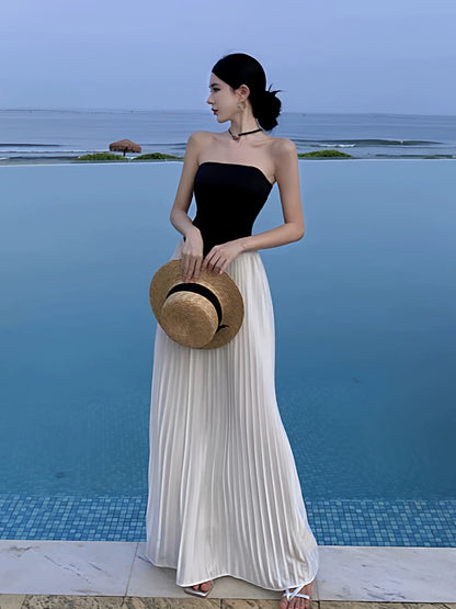 Glamorous A line Strapless White Black With Ruffled Date Floor Length Night Evening Outfit Formal Prom Dresses RB5667