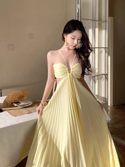 Glamorous A line Halter Yellow Chiffon Backess With Ruffled Date Floor Length Night Evening Outfit Formal Prom Dresses RB5669