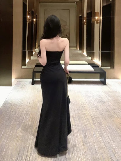 Sexy Mermaid Strapless Black Tie Dress With Ruffled Slit Date Floor Length Night Evening Outfit Formal Prom Dresses RB5670