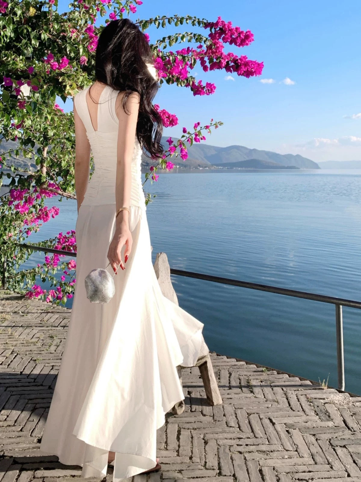 Sexy A Line Strapless White Chiffon With Ruffled Scarf Date Floor Length Night Birthday Outfit Formal Prom Dresses RB5671