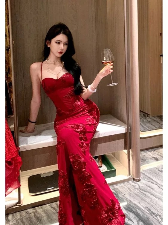 Sophisticated Mermaid Spaghetti Strap Red Lace Backless Date Night Outfits Formal Prom Gown Birthday Dresses RB5672