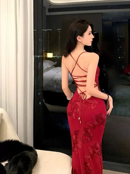 Sophisticated Mermaid Spaghetti Strap Red Lace Backless Date Night Outfits Formal Prom Gown Birthday Dresses RB5672
