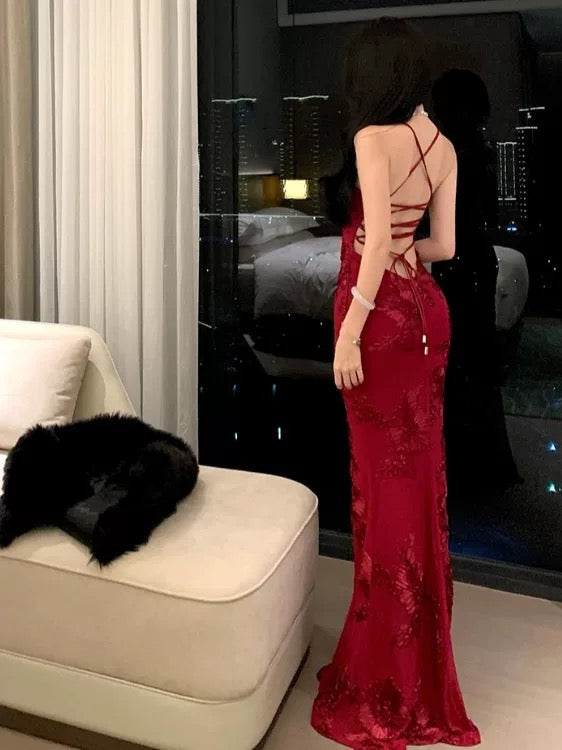 Sophisticated Mermaid Spaghetti Strap Red Lace Backless Date Night Outfits Formal Prom Gown Birthday Dresses RB5672