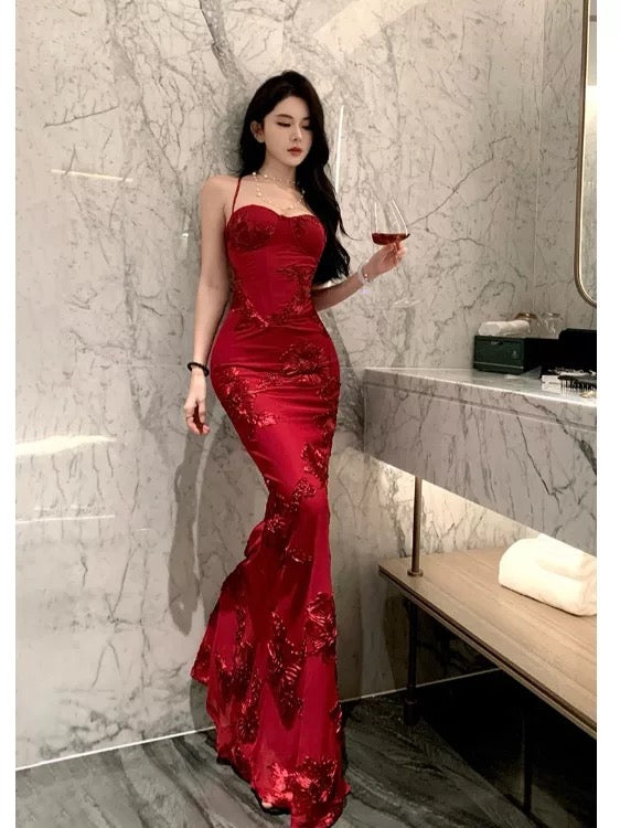 Sophisticated Mermaid Spaghetti Strap Red Lace Backless Date Night Outfits Formal Prom Gown Birthday Dresses RB5672