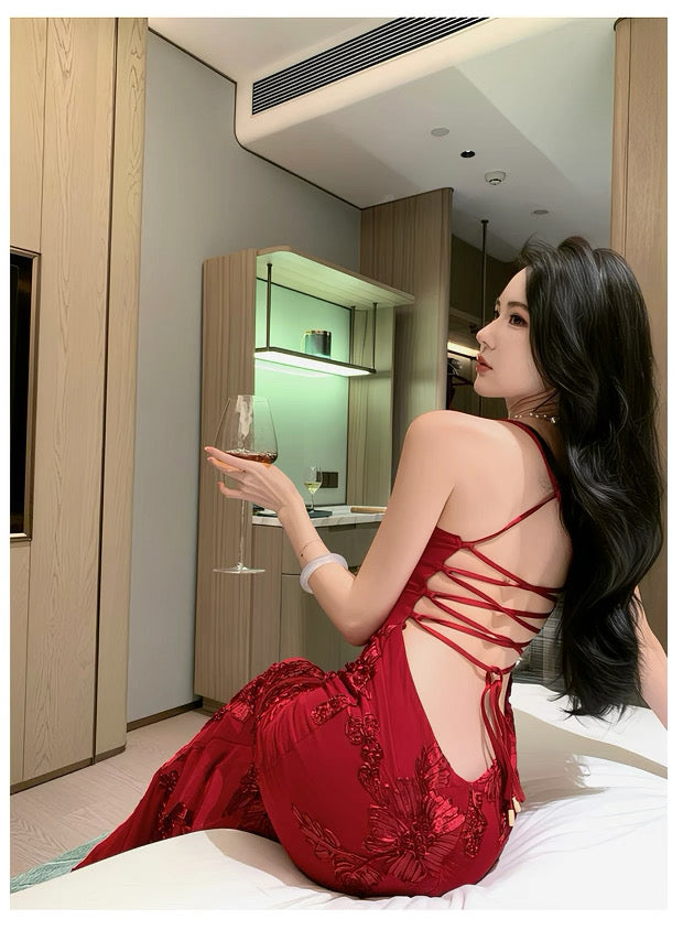 Sophisticated Mermaid Spaghetti Strap Red Lace Backless Date Night Outfits Formal Prom Gown Birthday Dresses RB5672