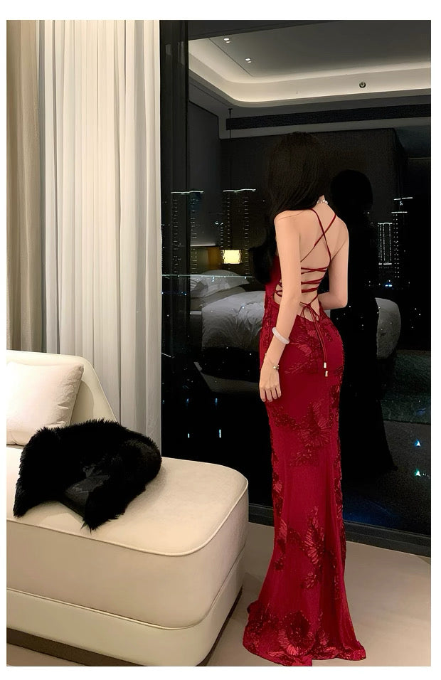 Sophisticated Mermaid Spaghetti Strap Red Lace Backless Date Night Outfits Formal Prom Gown Birthday Dresses RB5672