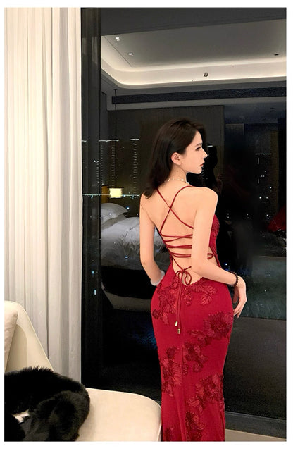 Sophisticated Mermaid Spaghetti Strap Red Lace Backless Date Night Outfits Formal Prom Gown Birthday Dresses RB5672