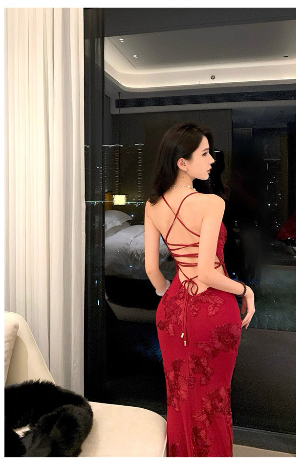 Mystical Mermaid Spaghetti Strap Red Lace Backless Date Night Outfits Formal Prom Gown 18th Birthday Dresses RB5673