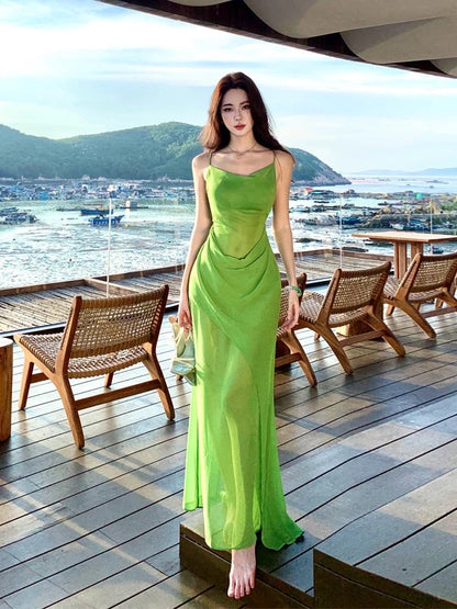 Mystical Mermaid Spaghetti Strap Green Chiffon Backless Date Night Outfits Formal Prom Gown 18th Birthday Dresses RB5674