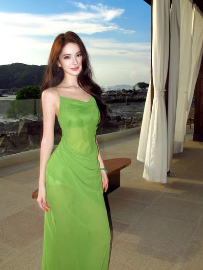 Mystical Mermaid Spaghetti Strap Green Chiffon Backless Date Night Outfits Formal Prom Gown 18th Birthday Dresses RB5674