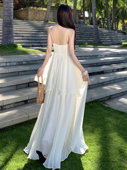 Mystical A Line Spaghetti Strap White Chiffon Long Date Night Outfits Formal Prom Gown 18th Birthday Dresses RB5675