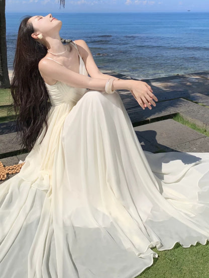 Mystical A Line Spaghetti Strap White Chiffon Long Date Night Outfits Formal Prom Gown 18th Birthday Dresses RB5675