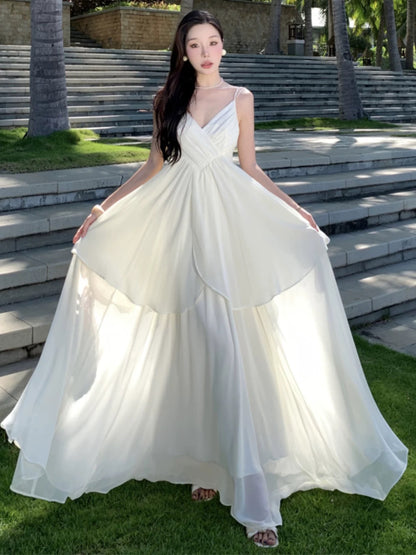 Mystical A Line Spaghetti Strap White Chiffon Long Date Night Outfits Formal Prom Gown 18th Birthday Dresses RB5675