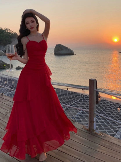 Sexy Mermaid Spaghetti Strap Red Chiffon With Ruffled Date Floor Length Night Birthday Outfit Formal Prom Dresses RB5678