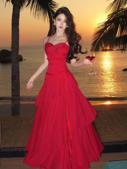 Mystical Mermaid Spaghetti Strap Red Chiffon Date Night Evening Birthday Outfit Formal Prom Dresses RB5677