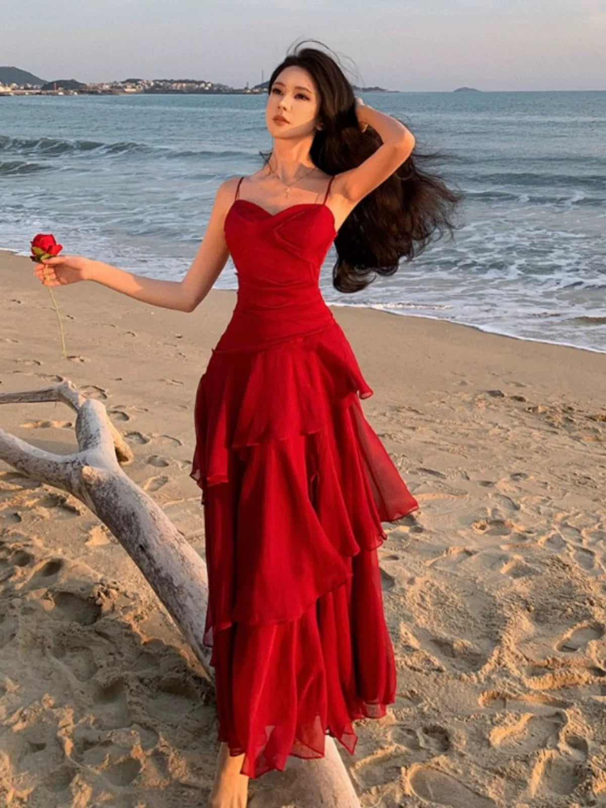 Mystical Mermaid Spaghetti Strap Red Chiffon Date Night Evening Birthday Outfit Formal Prom Dresses RB5677