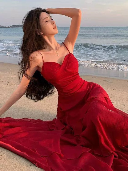 Sexy Mermaid Spaghetti Strap Red Chiffon With Ruffled Date Floor Length Night Birthday Outfit Formal Prom Dresses RB5678