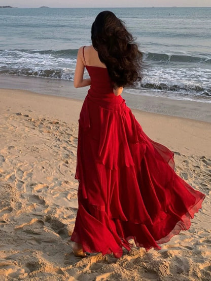 Mystical Mermaid Spaghetti Strap Red Chiffon Date Night Evening Birthday Outfit Formal Prom Dresses RB5677