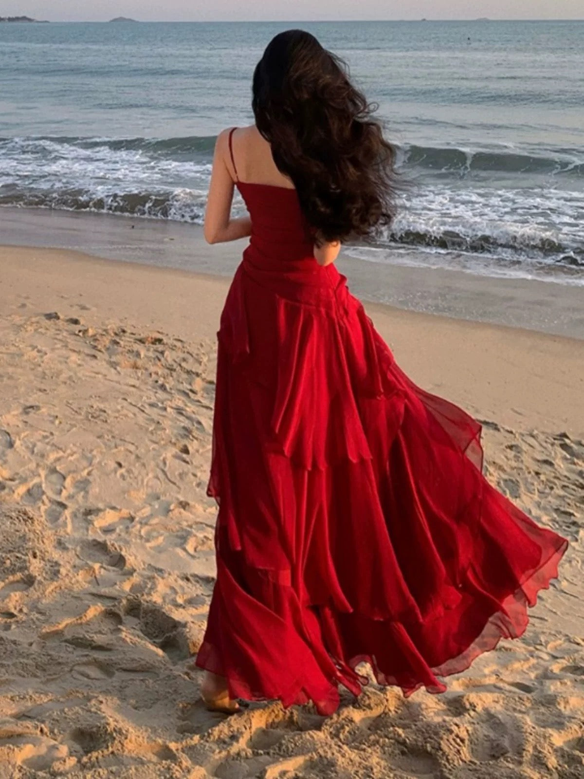 Sexy Mermaid Spaghetti Strap Red Chiffon With Ruffled Date Floor Length Night Birthday Outfit Formal Prom Dresses RB5678