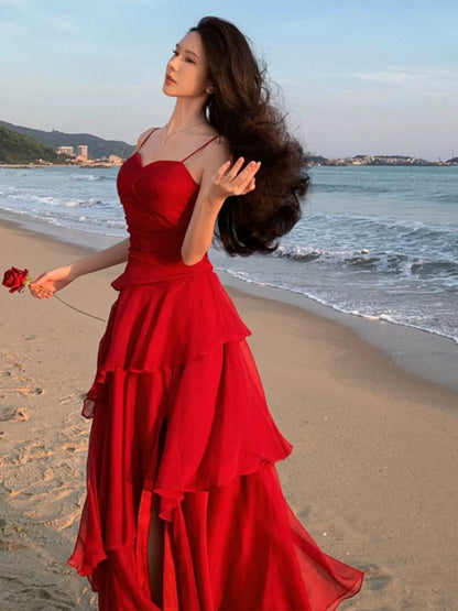 Sexy Mermaid Spaghetti Strap Red Chiffon With Ruffled Date Floor Length Night Birthday Outfit Formal Prom Dresses RB5678