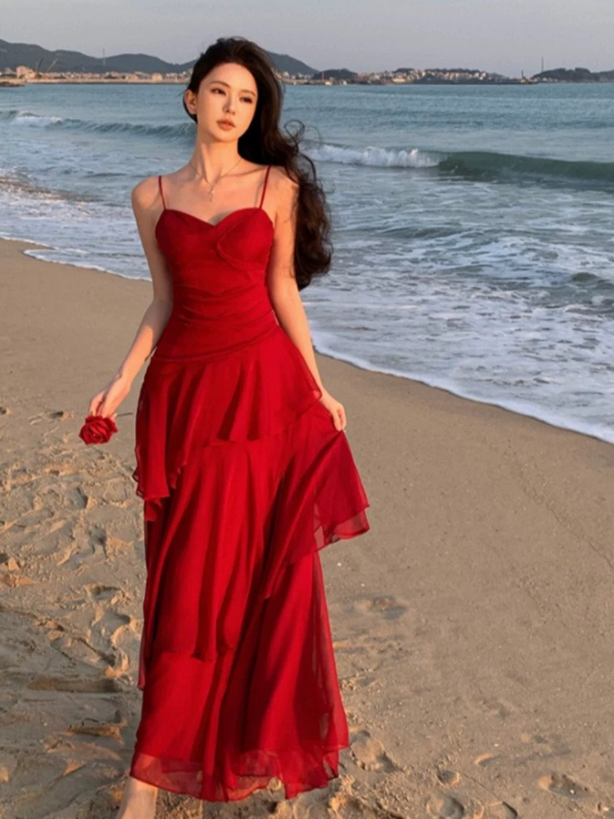 Mystical Mermaid Spaghetti Strap Red Chiffon Date Night Evening Birthday Outfit Formal Prom Dresses RB5677