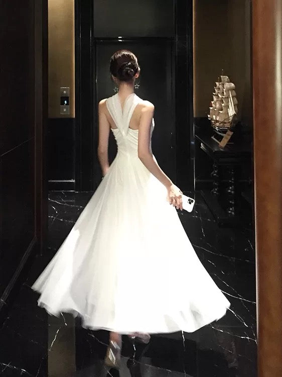 Mystical A Line Halter White Chiffon Ankle Length Date Night Outfits Formal Prom Gown 18th Birthday Dresses RB5676