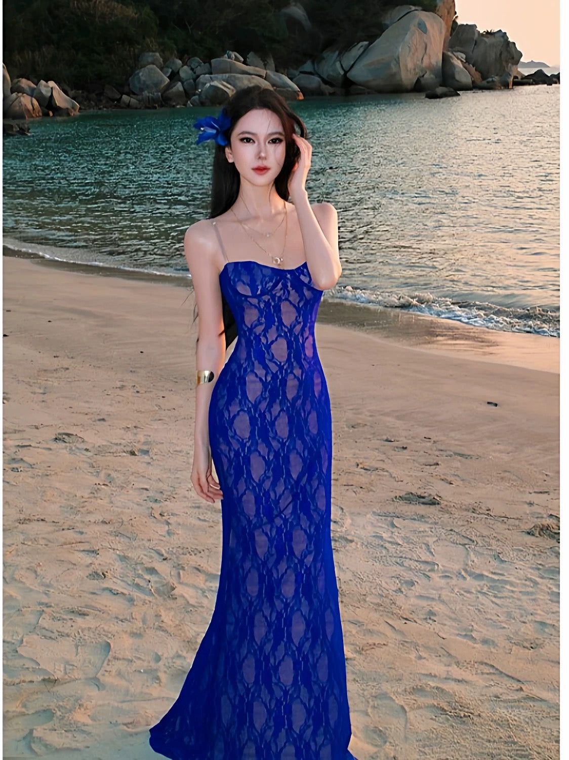 Sophisticated Mermaid Spaghetti Strap Royal Blue Lace Date Night Outfits Formal Prom Gown Birthday Dresses RB5663