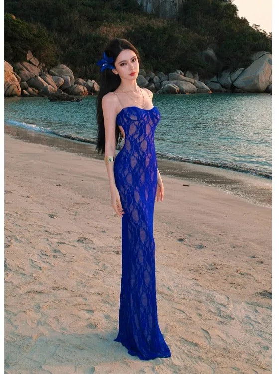 Sophisticated Mermaid Spaghetti Strap Royal Blue Lace Date Night Outfits Formal Prom Gown Birthday Dresses RB5663