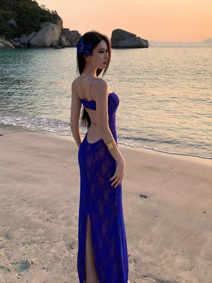 Sophisticated Mermaid Spaghetti Strap Royal Blue Lace Date Night Outfits Formal Prom Gown Birthday Dresses RB5663