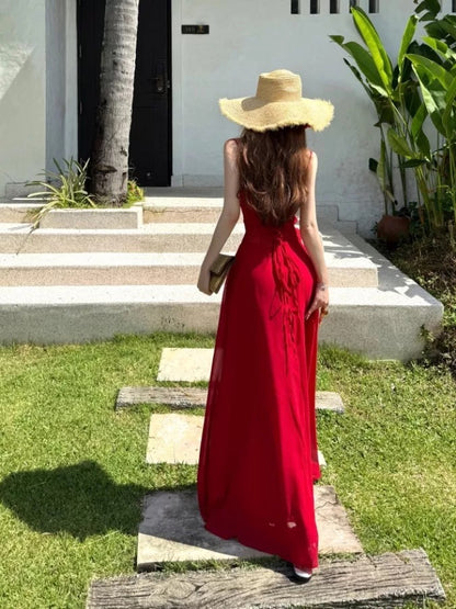 Mystical A Line Spaghetti Strap Red Chiffon Floor Length Date Night Outfits Formal Prom Gown 18th Birthday Dresses RB5680