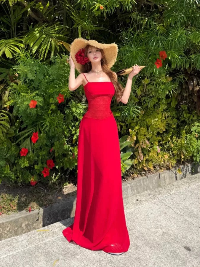 Mystical A Line Spaghetti Strap Red Chiffon Floor Length Date Night Outfits Formal Prom Gown 18th Birthday Dresses RB5680