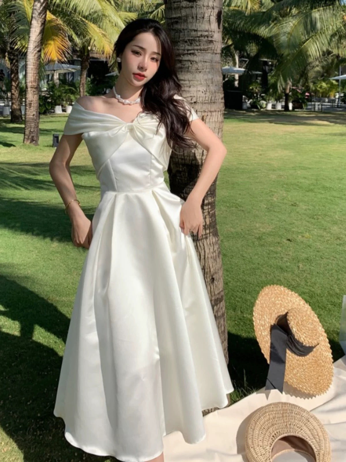 Mystical A Line Off The Shoulder White Satin Tea Length Date Night Outfits Formal Prom Gown 17th Birthday Dresses RB5681