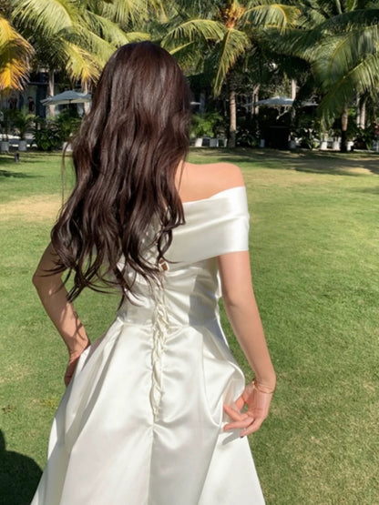 Mystical A Line Off The Shoulder White Satin Tea Length Date Night Outfits Formal Prom Gown 17th Birthday Dresses RB5681
