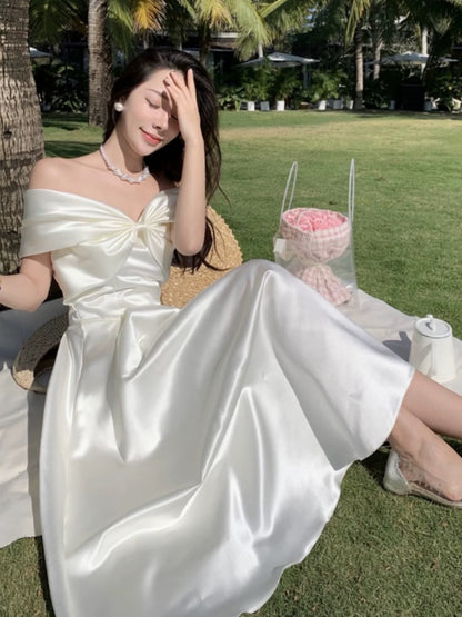 Mystical A Line Off The Shoulder White Satin Tea Length Date Night Outfits Formal Prom Gown 17th Birthday Dresses RB5681