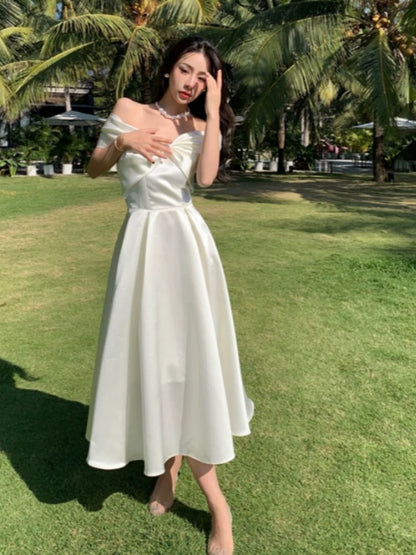 Mystical A Line Off The Shoulder White Satin Tea Length Date Night Outfits Formal Prom Gown 17th Birthday Dresses RB5681