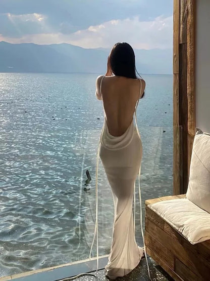 Mystical Mermaid Spaghetti Strap White Chiffon Floor Length Date Night Outfits Formal Prom Gown 17th Birthday Dresses RB5682