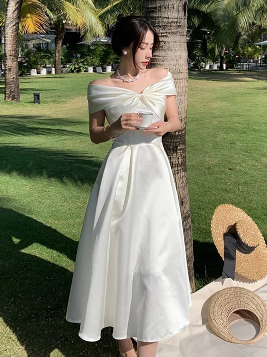 Mystical A Line Off The Shoulder White Satin Tea Length Date Night Outfits Formal Prom Gown 17th Birthday Dresses RB5681