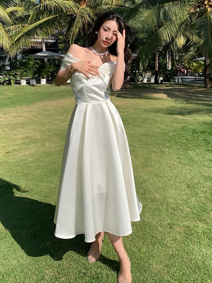 Mystical A Line Off The Shoulder White Satin Tea Length Date Night Outfits Formal Prom Gown 17th Birthday Dresses RB5681